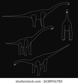 A series of drawings of a dinosaur with one of them showing the dinosaur's head. The drawings are in black and white and are of different sizes