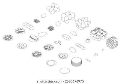 A series of drawings of food and plates. The drawings are all different sizes and shapes. Scene is playful and whimsical