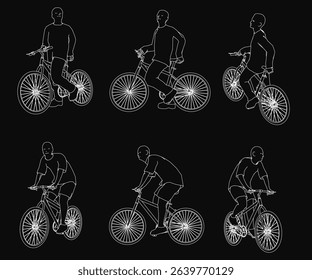 A series of drawings of a man riding a bicycle. The drawings are all in black and white and show the man in different positions while riding the bike. The mood of the images is somewhat somber