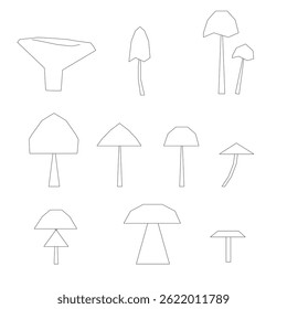 A series of drawings of mushrooms. The mushrooms are all different shapes and sizes. Scene is whimsical and playful