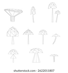 A series of drawings of mushrooms. The mushrooms are all different shapes and sizes. Scene is whimsical and playful