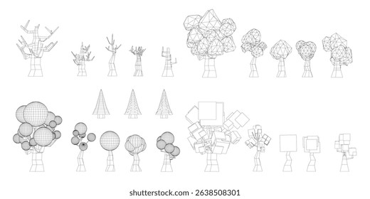 A series of drawings of trees. The trees are all different sizes and shapes, and the people are scattered throughout the drawings. Scene is playful and whimsical, with the trees