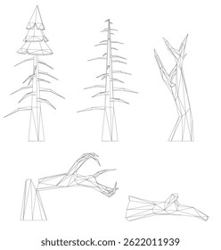 A series of drawings of trees with different shapes and sizes. The trees are all drawn in black and white, and they are arranged in a row. Scene is somewhat somber and contemplative