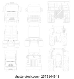 Series of drawings of a truck. The drawings are all different angles and sizes. The truck is a large, heavy-duty vehicle. Front and back view