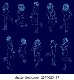 Series of drawings of women in various poses, all wearing high heels. Scene is playful and lighthearted, as the women are depicted as confident and stylish