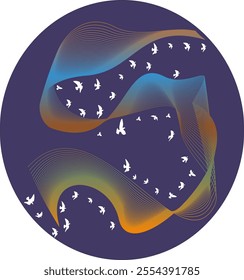 A series of dynamic abstract designs featuring flowing lines, colorful gradients, dynamic birds, and starry motifs. These artworks capture freedom, celebration, and creative expression.
