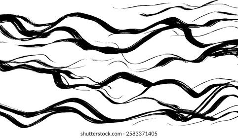 A series of dynamic, flowing black lines on a white background, creating a sense of movement and rhythm. The lines vary in thickness and curvature, resembling abstract waves or brush strokes.