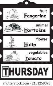 a series of educational cards for the names of the days that have the same first letter as the names of fruits, animals, flowers and vegetables. For memorizing children and all ages. Thursday.