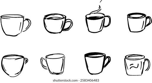 A series of eight hand-drawn coffee cups in various styles, some filled with coffee and others empty. The cups show different angles and expressions