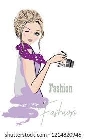 Series of Fashion cute girls sketches with accessories. Beautiful women. Hand drawn vector illustration.