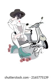 Series of Fashion cute girls sketches with accessories. Beautiful girl in rollers sitting near her scooter. Hand drawn vector illustration.