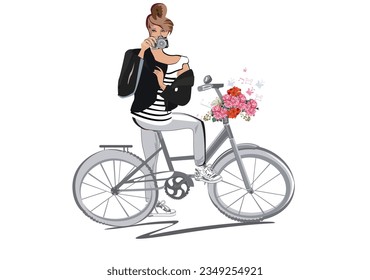 Serie de chicas de moda esboza con accesorios en la bicicleta sobre el fondo con las vistas. Ilustración vectorial dibujada a mano.