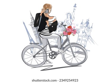 Series of Fashion girls sketches with accessories on the bicycle on the background with the sights. Hand drawn vector illustration.