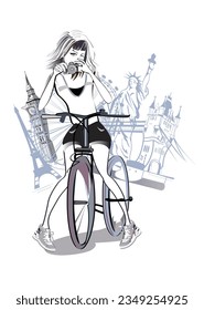 Series of Fashion girls sketches with accessories on the bicycle on the background with the sights. Hand drawn vector illustration.