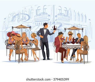 Series of fashion people, men and women, sitting and drinking coffee in the street cafe