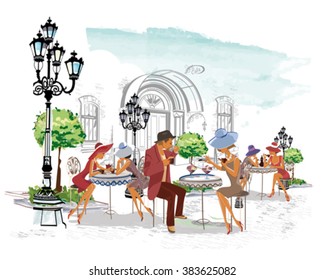 Series of fashion people, men and women, sitting and drinking coffee in the street cafe