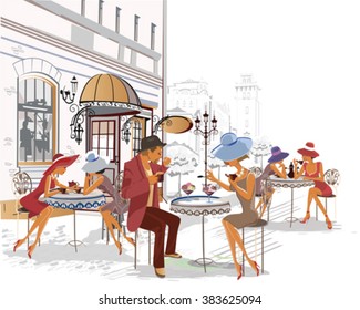 Series of fashion people, men and women, sitting and drinking coffee in the street cafe