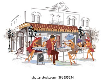 Series of fashion people, men and women, sitting and drinking coffee in the street cafe