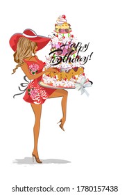 Series of fashion women in dresses with cakes and flowers. Stylish girl in hat.  Holiday cards. Hand drawn vector illustration.