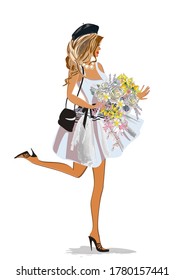 Series of fashion women in dresses with cakes and flowers. Stylish girl in hat.  Holiday cards. Hand drawn vector illustration.