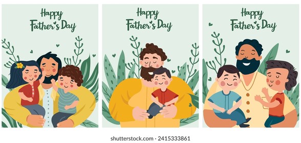 Una serie de imágenes temáticas del Día del Padre mostrando a los padres de estar vinculados y aventurarse con sus hijos. Estas ilustraciones capturan la esencia del amor paternal. Ilustración vectorial.