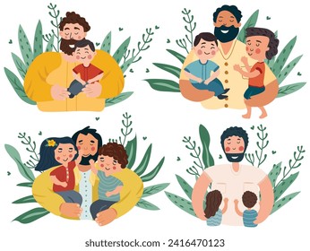 Una serie de imágenes temáticas del Día del Padre mostrando a los padres de estar vinculados y aventurarse con sus hijos. Estas ilustraciones capturan la esencia del amor paternal. Ilustración vectorial.