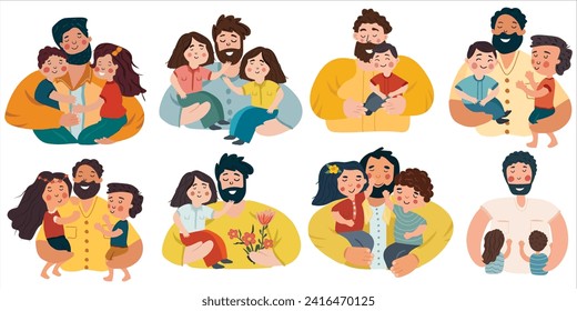 Una serie de imágenes temáticas del Día del Padre mostrando a los padres de estar vinculados y aventurarse con sus hijos. Estas ilustraciones capturan la esencia del amor paternal. Ilustración vectorial.