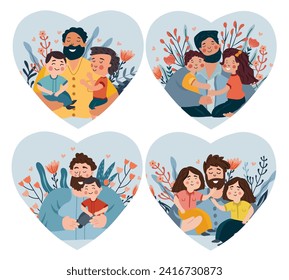 Una serie de imágenes temáticas del Día del Padre mostrando a los padres de estar vinculados y aventurarse con sus hijos. Estas ilustraciones capturan la esencia del amor paternal. Ilustración vectorial.