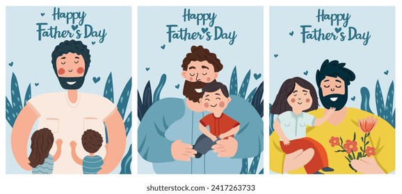 Una serie de imágenes temáticas del Día del Padre mostrando a los padres de estar vinculados y aventurarse con sus hijos. Estas ilustraciones capturan la esencia del amor paternal. Ilustración vectorial.