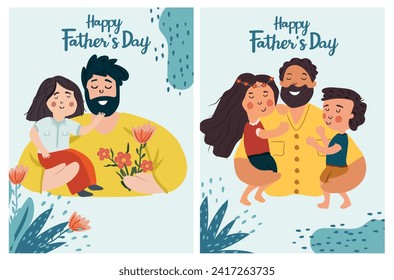 Una serie de imágenes temáticas del Día del Padre mostrando a los padres de estar vinculados y aventurarse con sus hijos. Estas ilustraciones capturan la esencia del amor paternal. Ilustración vectorial.