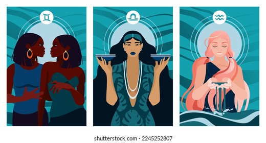 Eine Reihe weiblicher Charaktere des Horoskops mit den astrologischen Elementen der Luft: Gemini, Libra und Aquarius. Astrologie Sammelkarten im Cartoon-Flachdesign.