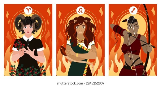 Una serie de personajes femeninos del horóscopo con los elementos astrológicos del fuego: Aries, Leo y Sagittarius. Tarjetas colectivas de astrología en diseño plano de dibujos animados.