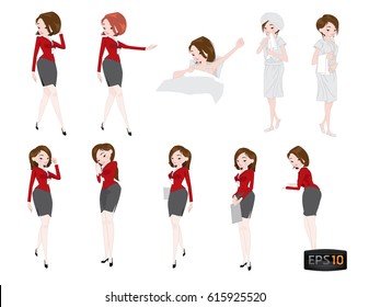 A series of female characters showing various hand gestures. Businessmen pointing, greeting, waking up, bathing, and other hand gestures. Simple vector images.