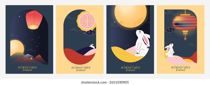 A series of festive Mid-Autumn Festival illustrations featuring full moons, rabbits, mountains, and lanterns in a minimal, dreamy style. Designed for seasonal celebration promotions.