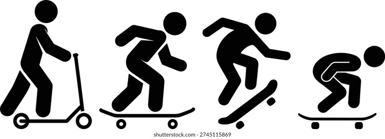 A series of figures demonstrating different types of skateboarding and scooter riding techniques