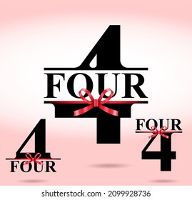 Series of figures with ribbons. Four; numeral and word logo for number. Four letter with four figure logo design. Number names typography design. Serif font design.  Text logo studies for all numbers.