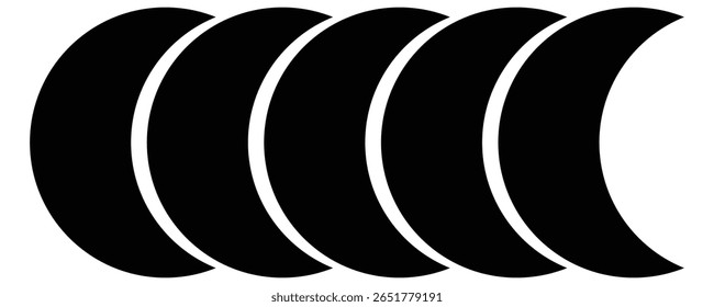 A series of five black curved shapes are arranged in a row against a stark white background.