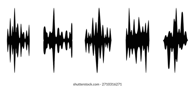 Uma série de cinco padrões de ondas sonoras abstratas pretas, irregulares, contra um fundo branco, sugerindo sinais de áudio ou digitais.