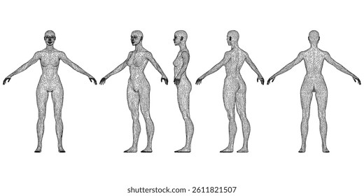 A series of five figures are shown in a line, each with a different pose. The figures are all black and appear to be abstract or stylized. Scene is somewhat somber and contemplative
