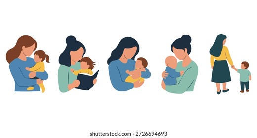 Una serie de cinco ilustraciones de diseño plano muestra a las madres interactuando con sus hijos. Las escenas incluyen una madre sosteniendo a un niño pequeño, leyendo un libro a un niño, sosteniendo a un bebé, sosteniendo a otro bebé y caminando con un niño pequeño. Las ilustraciones utilizan una paleta de azules, verdes, amarillos y marrones con Formas simples y líneas limpias, presentadas sobre un fondo blanco.