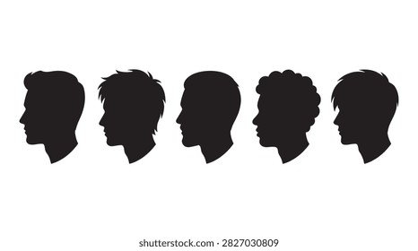 A series of five male head profiles are shown as a stark black silhouette against a white background, emphasizing their