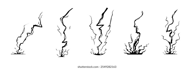 Uma série de cinco ilustrações de raio estilizado, variando em forma e tamanho, representando energia dinâmica e movimento. Cada parafuso tem um design único, mostrando bordas irregulares e linhas de giro.