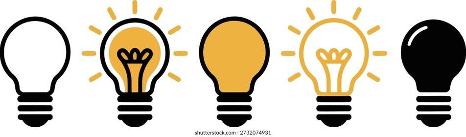 A series of five visually different lightbulb icons, symbolizing ideas, energy, and the process of enlightenment.