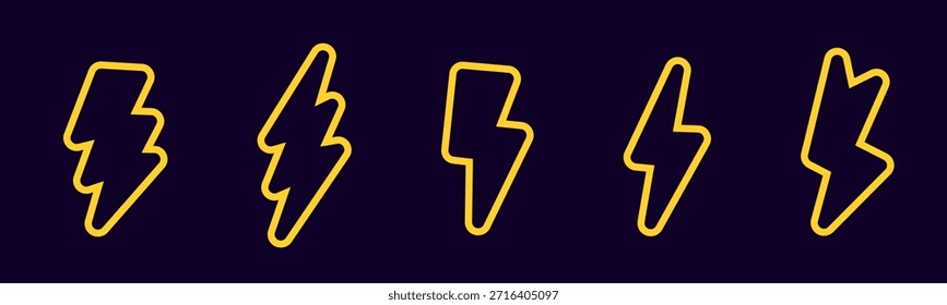 A series of five yellow lightning bolt icons on a dark background, perfect for modern design projects.