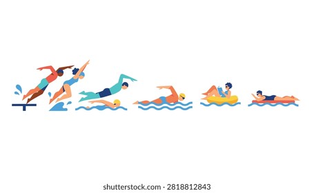Series of flat design figures showing various swimming strokes, diving, floating, and relaxing on a pool raft.