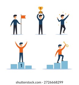 Una serie de ilustraciones de diseño plano que representan a personas celebrando la victoria, sosteniendo trofeos, llaves y banderas, simbolizando el logro y el progreso