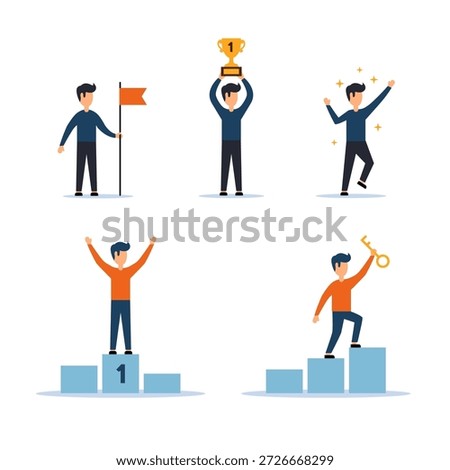A series of flat design illustrations depicting people celebrating victory, holding trophies, keys, and flags, symbolizing accomplishment and progress