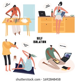 A series of flat vector pictures with people who do different things in the period of self-isolation.