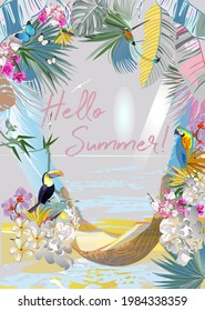 Series of Floral backgrounds with tropical summer and spring flowers, palm leaves, animals, birds near the beach. Hand drawn vector illustration.