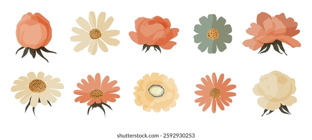 A series of flower illustrations with a variety of colors and styles. The flowers are arranged in a row, with some overlapping each other. Scene is cheerful and colorful